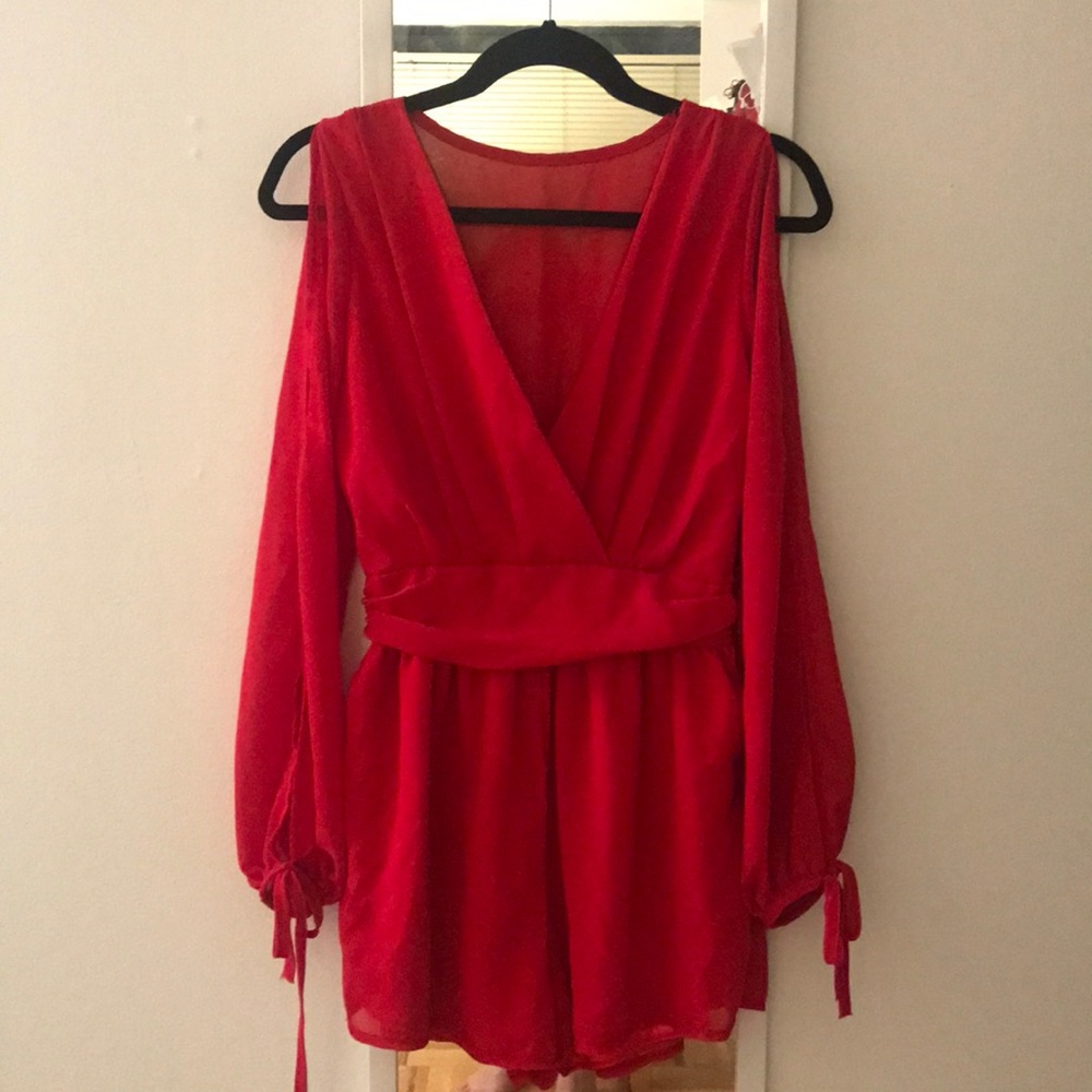Red plunging Deep V romper off shoulder